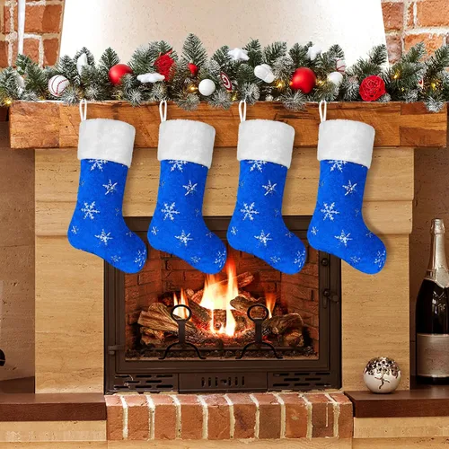 Vista 8 de 1 paquete de medias de Navidad personalizadas con nombres, 22 pulgadas, bordado personalizado, de piel sintética, negro y azul, con copos de nieve
