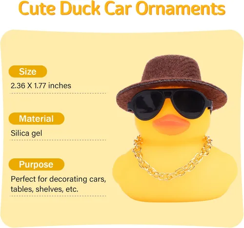 Vista 4 de wonuu Adornos de pato de goma, 2 piezas, decoración de tablero de instrumentos de pato amarillo con mini sombrero