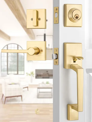 Vista 25 de EHOMEWARE Juego de manijas dobles para puerta delantera, paquete de 1 manija de puerta cuadrada de latón satinado, combinación de perilla de puerta