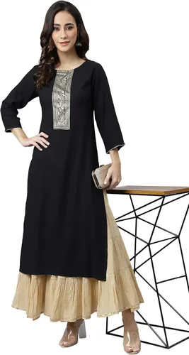 Vista 3 de Janasya Kurta recta de rayón negro para mujer india