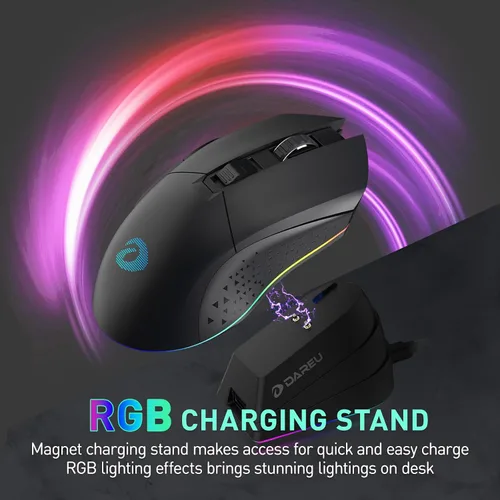 Vista 4 de DAREU EM901X - Mouse inalámbrico para juegos con base de carga RGB recargable, 12K DPI, 6 botones programables, sensor de alta precisión [300IPS]
