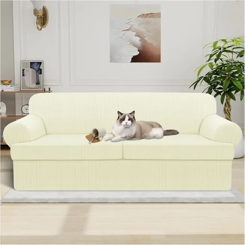 Vista 19 de Funda impermeable para silla con brazos, juego de 2 piezas, funda a rayas para 1 sofá separado con cojín en T, fundas de sillón de tela