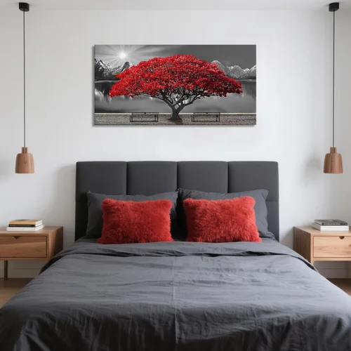 Vista 4 de Mofutinpo Arte de Pared de Árbol Rojo en Blanco y Negro Impresión en Lienzo Cuadro Paisaje de Árbol Rojo Grande Obra de Arte Moderna para Sala