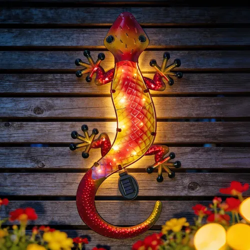 Vista 11 de HONGLAND Arte de pared de Gecko de metal, 2 unidades de lagarto de 15 pulgadas, decoración para exteriores, escultura de vidrio colgante, decoración