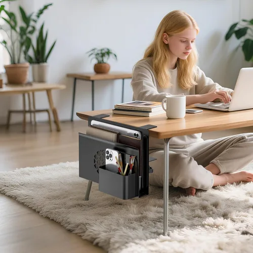 Vista 2 de Almacenamiento lateral de escritorio, soporte de metal para portátil con caja magnética para bolígrafos, organizador con abrazadera debajo