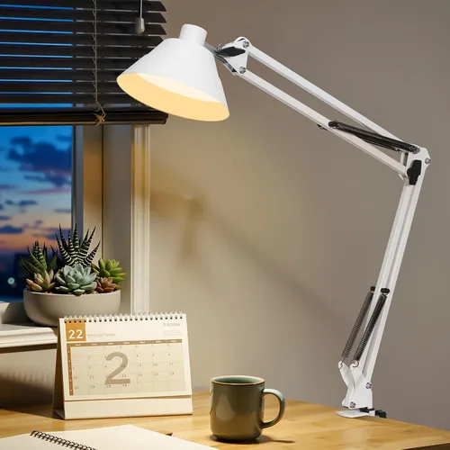 Vista 9 de Lámpara de escritorio LED para oficina en casa, lámpara de escritorio con brazo oscilante con abrazadera, lámpara de mesa de cuello de cisne Negro