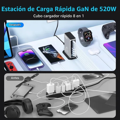 Vista 4 de Estación de carga USB-C de 520 W y 8 puertos - 4 x 100 W PD + 4 × 30 W Fast charger block for laptop, phone, tablet. 4 USB-C PD ports and 4 USB-A