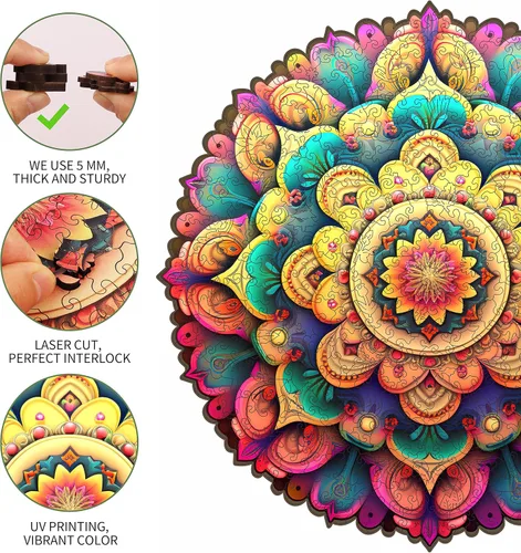 Vista 6 de Mys Aurora Rompecabezas de Madera Únicos - Mandala de Flores, 500 Piezas Tamaño King 16.5'' x 16.4'', Rompecabezas de Madera con Formas Lujosas