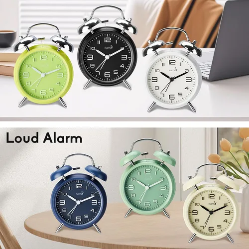 Vista 4 de FLOITTUY Alarma fuerte para personas que duermen profundamente de 4 pulgadas, reloj despertador de campana doble, reloj despertador estéreo