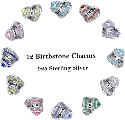 Vista 2 de Dijes de corazón de piedra natal para pulsera, plata de ley 925, dijes de corazón de amor para pulseras y collares, regalos de cumpleaños