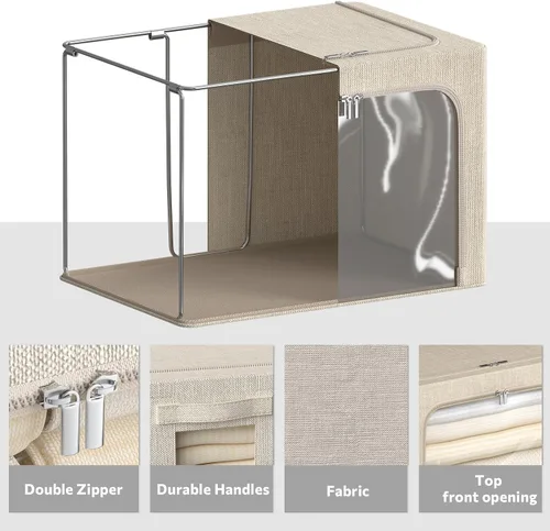Vista 5 de Paquete de 4 contenedores de almacenamiento de ropa con marco de metal, juego organizador plegable de tela de lino con ventana transparente, asas