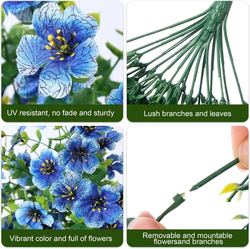Vista 3 de Flores artificiales colgantes de imitación para decoración exterior de otoño, 2 piezas de violetas de seda falsas con eucalipto, resistentes a