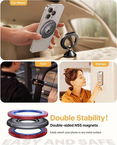 Vista 3 de Sability Max 2025 - Agarre magnético para teléfono [anillo giratorio e imán de doble cara ultra fuerte] Soporte de anillo para iPhone compatible