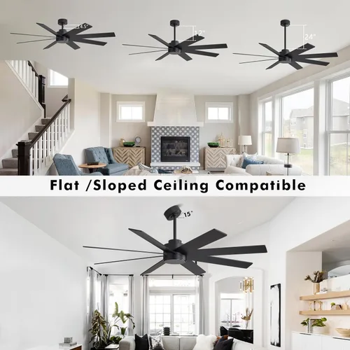 Vista 5 de WINGBO Ventiladores de techo CC grandes de 60 pulgadas sin luces, 3 varillas descendentes, 8 aspas de madera contrachapada, motor CC reversible de 6