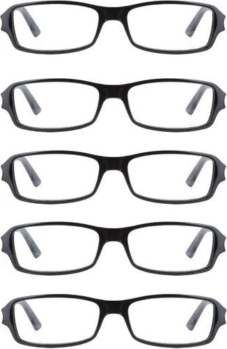 Vista 2 de Paquete de 5 lentes de lectura clásicos de plástico rectangular unisex para hombres y mujeres, negro, azul, gris y tortuga