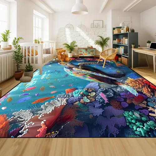 Vista 31 de Alfombra de tortuga marina con estampado de animales marinos y animales marinos, alfombra con estampado de tortugas marinas, para niños y niñas