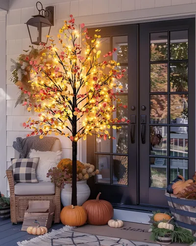 Vista 7 de Árbol de eucalipto de otoño iluminado, árbol de otoño sintético de 7 pies con 128 luces LED, árbol de eucalipto artificial iluminado para otoño