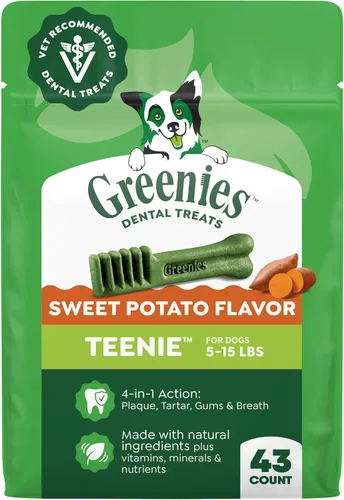 Vista 14 de Greenies Golosinas dentales naturales para perros adultos recomendadas por veterinarios, tamaño Teenie, sabor a arándano azul, paquete de 12 oz., 43