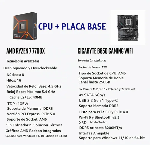 Vista 2 de Micro Center AMD Ryzen 7 7700X Procesador de CPU con placa base GIGABYTE B850 Gaming WIFI6 (ATX, DDR5, 3X M.2, PCIe 5.0, USB-C, WIFI6)