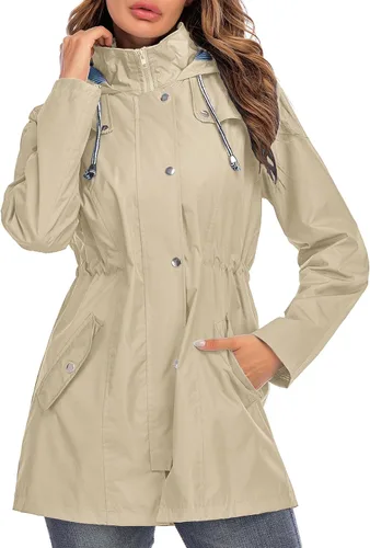 Vista 21 de Kikibell Chaqueta de lluvia para mujer con capucha, con forro a rayas, ligera, impermeable para exteriores, cortavientos Verde militar
