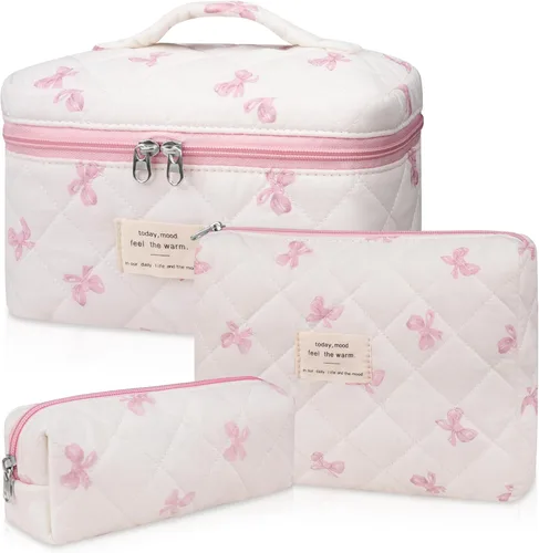 Vista 11 de Juego de bolsas de maquillaje, bolsa de maquillaje acolchada, bolsa grande para cosméticos florales para mujer, bonitas bolsas de maquillaje