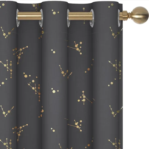 Vista 23 de Deconovo - Cortinas opacas con diseño dorado estampado y ojales, negro, de 42 pulgadas de ancho x 45 pulgadas de largo