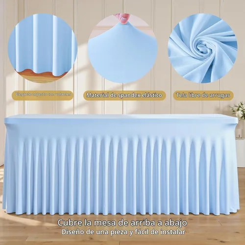 Vista 7 de Manteles de mesa de elastano azul bebé de 6 pies para mesas rectangulares, sin arrugas, rectangular, elástico, ajustable de 6 pies con falda