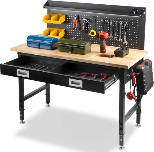 Vista 7 de Banco de trabajo de altura ajustable de 48 x 24 pulgadas, banco de trabajo resistente para garaje con estante debajo de la mesa, mesa de trabajo