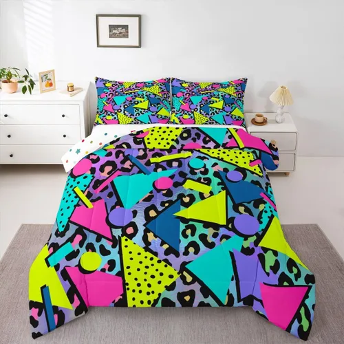Vista 24 de Juego de edredón de estilo retro de los años 80, juego de ropa de cama de patrón geométrico abstracto, diseño urbano moderno con círculos