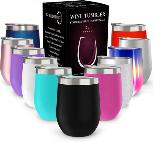 Vista 60 de CHILLOUT LIFE - Vaso de acero inoxidable de 12 onzas con tapa y caja de regalo, diseño de viaje con recubrimiento en polvo, aislamiento al vacío