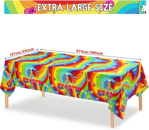 Vista 2 de Tiamon 3 manteles de plástico estilo hippie retro para mesa rectangular, decoraciones de fiesta de arco iris desechables para fiestas de los años 60
