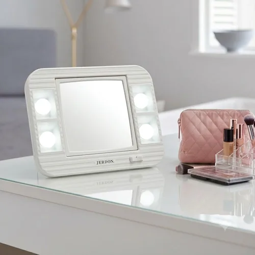 Vista 8 de JERDON Espejo de maquillaje de dos caras con luces, espejo de tocador con aumento 5X e iluminación sin reflejos de dos ajustes, base blanca
