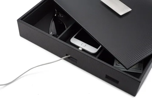 Vista 5 de Glenor Co Bandeja de valet para hombre, organizador de aparador y tapa, caja de accesorios de joyería de lujo con 6 ranuras, diseño de fibra