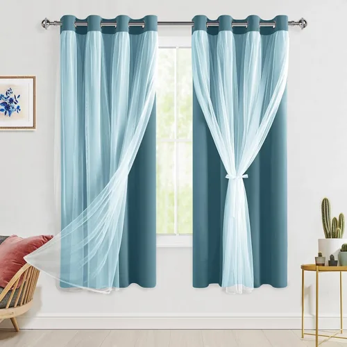 Vista 99 de Hiasan Cortinas opacas con superposición transparente, aislamiento térmico para mezclar y combinar de doble capa, cortinas de oscurecimiento de Beige