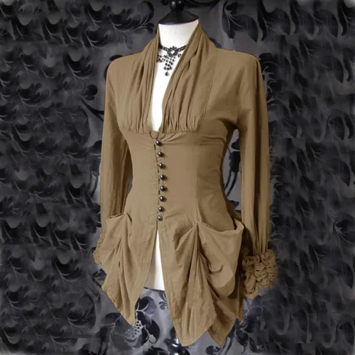 Vista 2 de SHOPESSA Blusa gótica renacentista para mujer con corsé, manga abombada, camisas victorianas steampunk irregulares para disfraz de Halloween