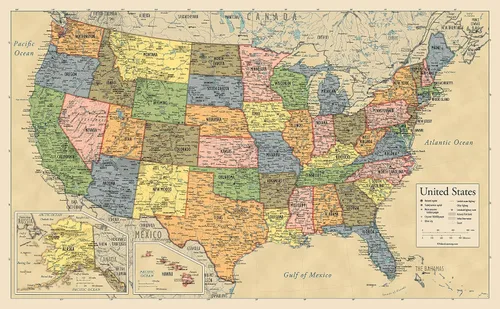 Vista 6 de Póster laminado de mapa de Estados Unidos, gráfico de pared de mapa de EE. UU., fabricado en los Estados Unidos [negro]