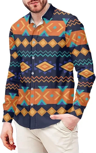 Vista 11 de Camisas aztecas con botones para hombre, vintage, nativo americano, patrón tribal nación, manga larga, camisa de talla grande para hombre