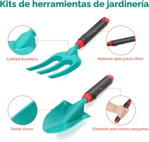 Vista 6 de CUTE STONE - Juego de herramientas de jardinería para niños, juguetes de jardín con carretilla, regadera, guantes de jardinería, rastrillo manual