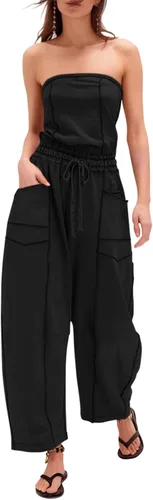 Vista 8 de Sexyasasii Overol casual sin tirantes para mujer, con hombros descubiertos, pantalones largos de pierna ancha con cordón y bolsillos