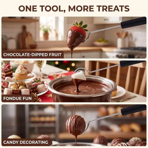 Vista 4 de Juego de herramientas de inmersión de chocolate con caramelo negro, tenedor de inmersión de chocolate, suministros para hornear, fondue de acero
