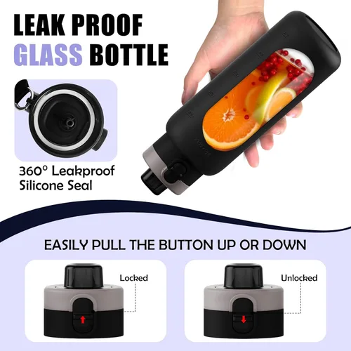 Vista 4 de ANOTION Botella de agua de vidrio de 24 onzas con popote y funda de Negro