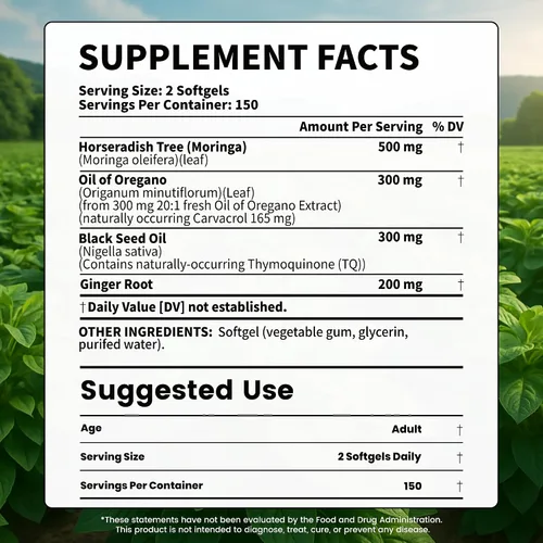 Vista 2 de VEV Aceite de orégano con aceite de semilla negra y moringa, orgánico, 300 cápsulas blandas