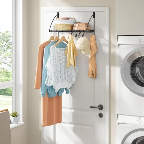 Vista 8 de Tajsoon Percha para colgar sobre la puerta con estante de almacenamiento y 6 ganchos, perchero para colgar abrigos, perchero de puerta para baño
