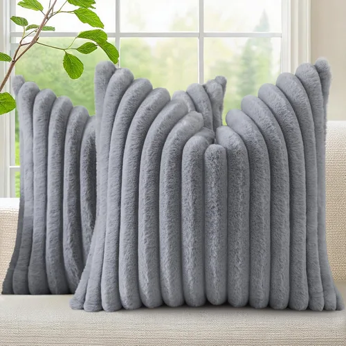 Vista 19 de decorUhome Fundas de almohada de piel sintética, juego de 2, decorativas, afelpadas, suaves, afelpadas, a rayas, parte posterior de terciopelo