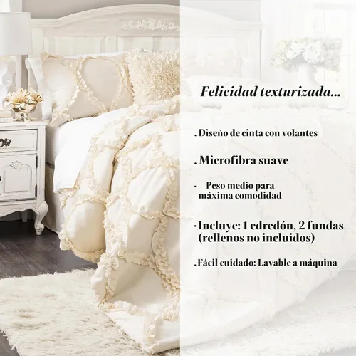Vista 5 de Juego de edredón Lush Decor Avon, juego de 3 piezas, tamaño Full/Queen, color marfil - Juego de cama romántico estilo granja - Elegante ropa de cama