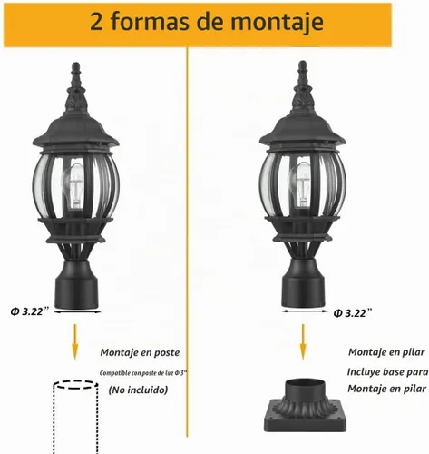 Vista 5 de HOLKIRT Luz de poste para exteriores negra mate vintage, montaje en muelle