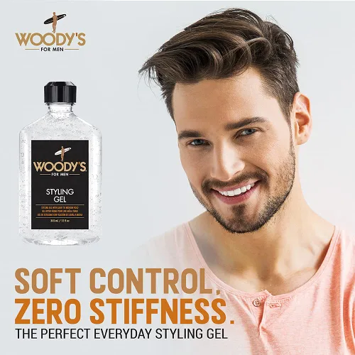 Vista 3 de Woody's Gel de peinado para hombres, gel para el cabello sin alcohol con sujeción ligera a media, sin crujido, acabado táctil, 12 onzas líquidas