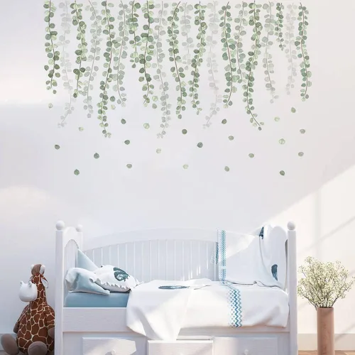 Vista 3 de Runtoo Calcomanías de pared de hojas de vid de eucalipto, plantas verdes, calcomanías de pared para sala de estar, dormitorio, guardería, decoración