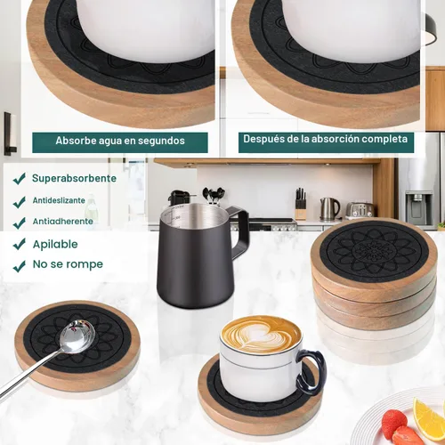 Vista 2 de Posavasos de madera para bebidas, Minacun conjuntos de posavasos absorbentes de 5, posavasos para bebidas para protección de mesa de café
