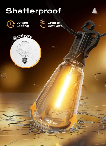 Vista 8 de Brightown Luces de Cadena para Exteriores, 30 pies, 11+1 LED ST38, Luces LED para Patio Irrompibles, Regulables IP65 Impermeables Conectables, Luz